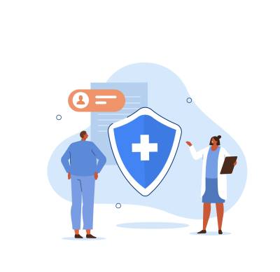 Illustration of health insurance featuring two people and a health shield. 