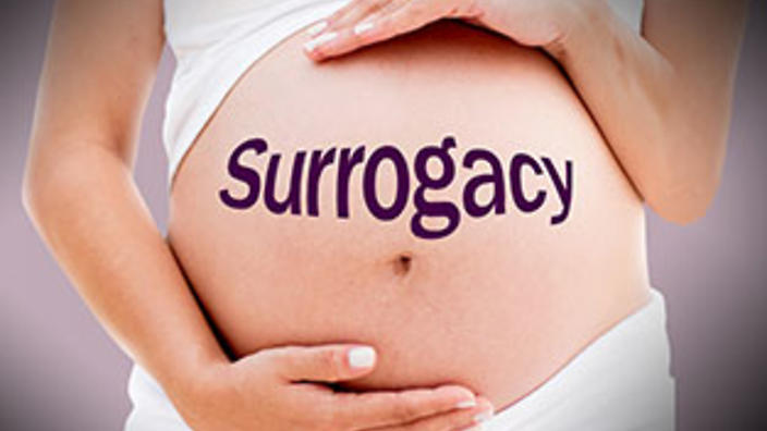 pregnant belly with "surrogacy" written on it