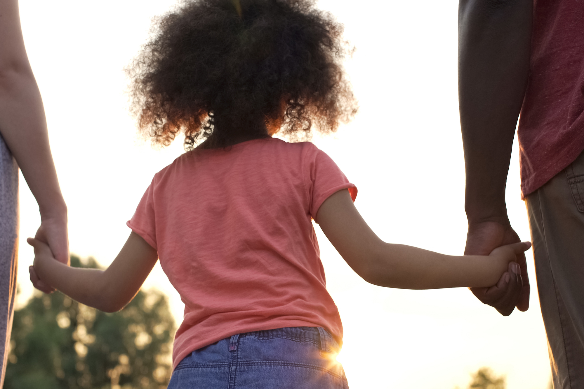 child pictured from the back holding both parents' hands.