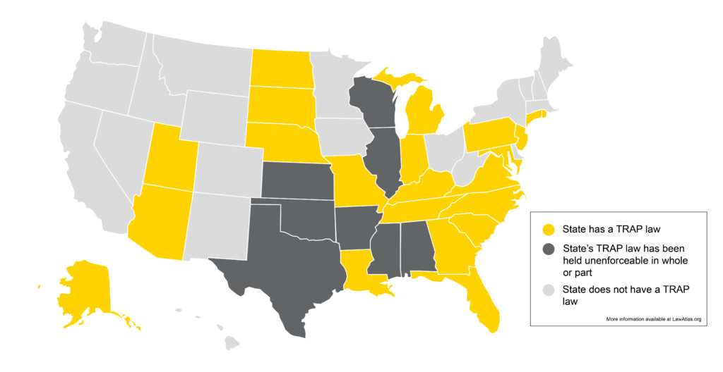 US map showing 30 states colored to reflect which have TRAP laws and eight that have had their laws limited by the courts.