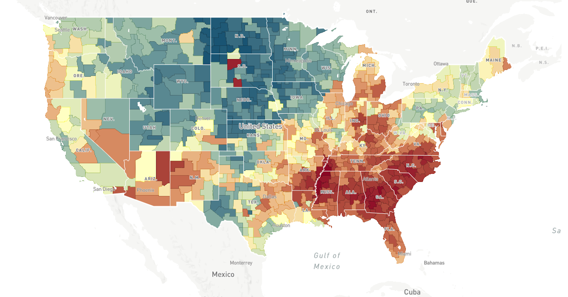 Heatmap of the the U.S. from the Opportunity Atlas website