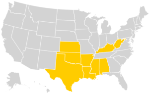 Map that highlights nine states (Kansas, Oklahoma, Texas, Arkansas, Louisiana, Mississippi, Alabama, Kentucky, West Virginia) that ban dismemberment, or dilation and evacuation (D&E), abortion.