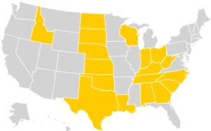 Map highlighting eighteen states (Idaho, North Dakota, South Dakota, Nebraska, Kansas, Oklahoma, Texas, Louisiana, Wisconsin, Indiana, Ohio, West Virginia, Kentucky, Tennessee, North Carolina, South Carolina, Georgia, Alabama) that prohibit abortion after 20 weeks post-fertilization