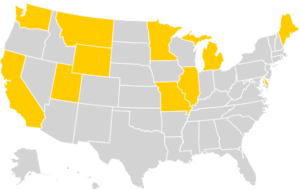 Map highlighting twelve states (Washington, California, Montana, Wyoming, Utah, Minnesota, Missouri, Illinois, Michigan, Maine, Delaware) that prohibit abortion after viability