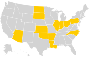 Map highlighting twelve states (Arizona, North Dakota, South Dakota, Kansas, Oklahoma, Arkansas, Louisiana, Illinois, Indiana, Ohio, Pennsylvania, North Carolina) that prohibit abortion based on the woman's reason for seeking the abortion