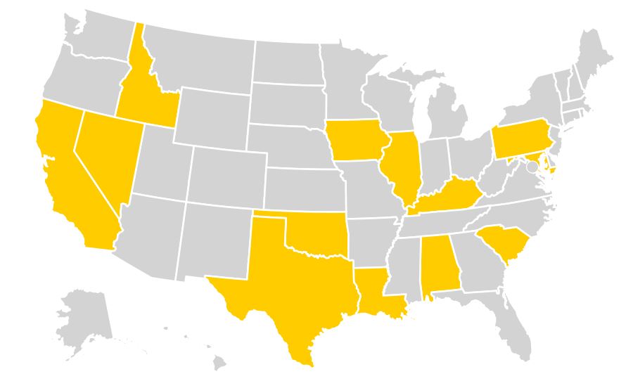 A map of 13 states (Idaho, California, Nevada, Texas, Oklahoma, Louisiana, Iowa, Illinois, Kentucky, Alabama, South Carolina, Pennsylvania, Maryland) that limit providers' conscience rights if they refuse to participate in abortion when the patient is seeking emergency care or her life is in danger