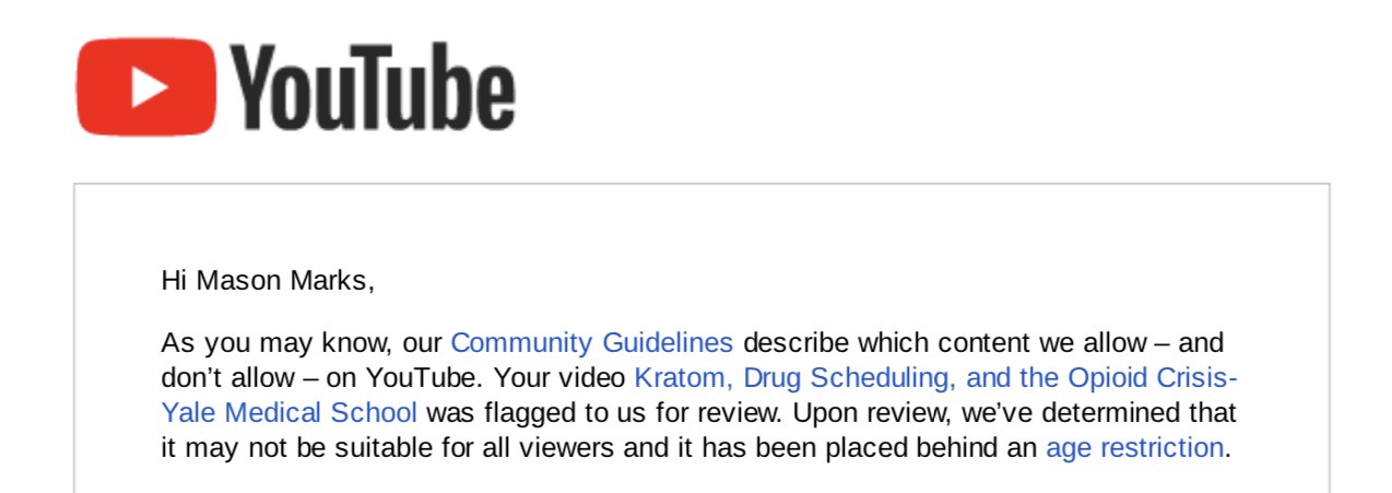 Notice from YouTube explaining kratom video has been age restricted