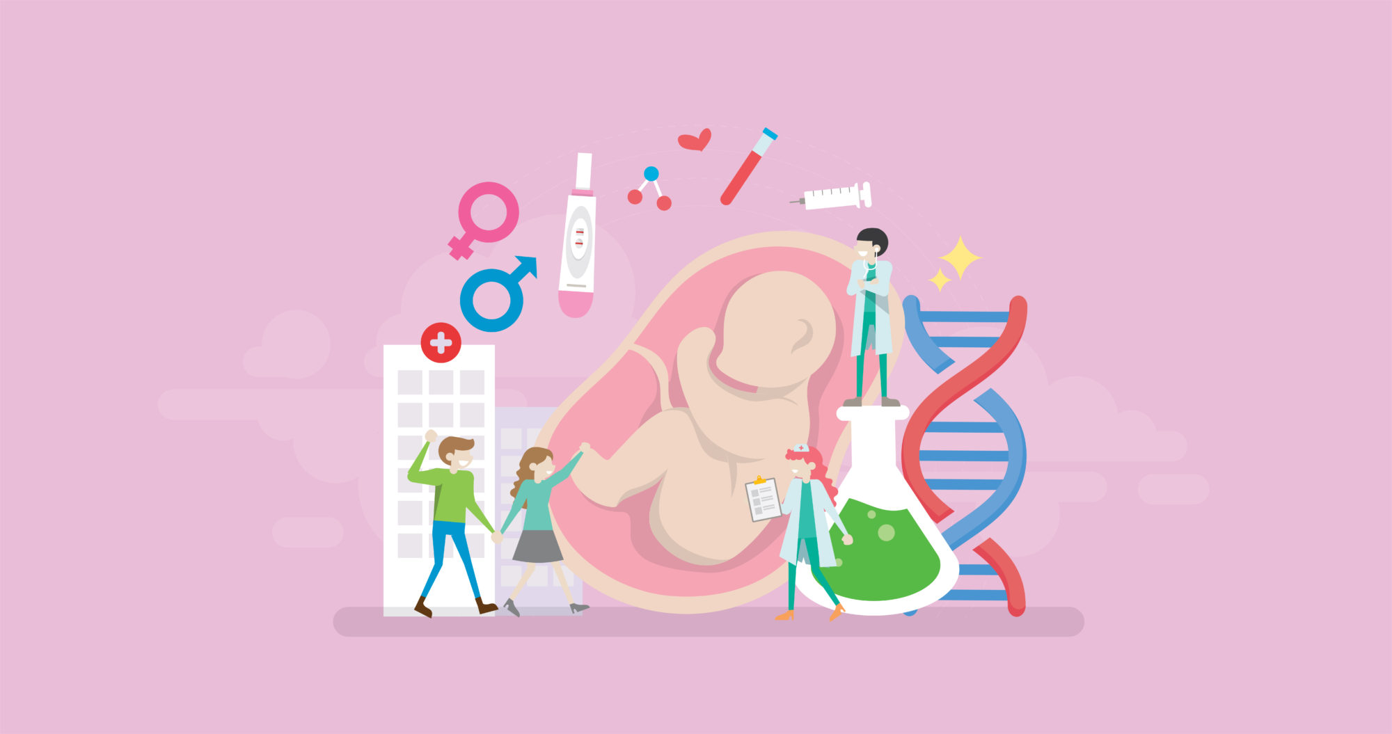 Illustration of fetus, DNA, lab supplies