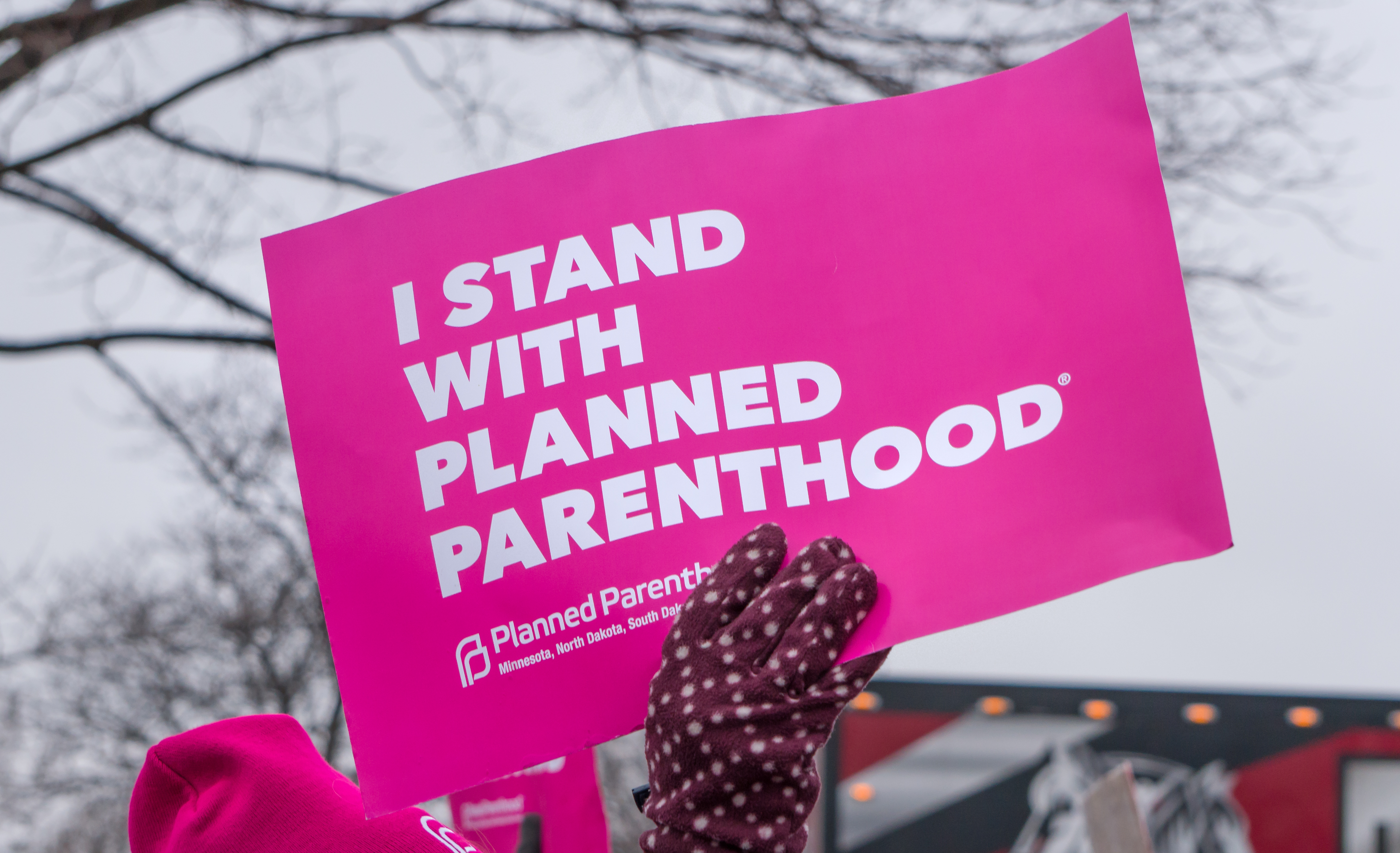 Photograph of protestor holding a hot pink sign that reads "I Stand with Planned Parenthood"