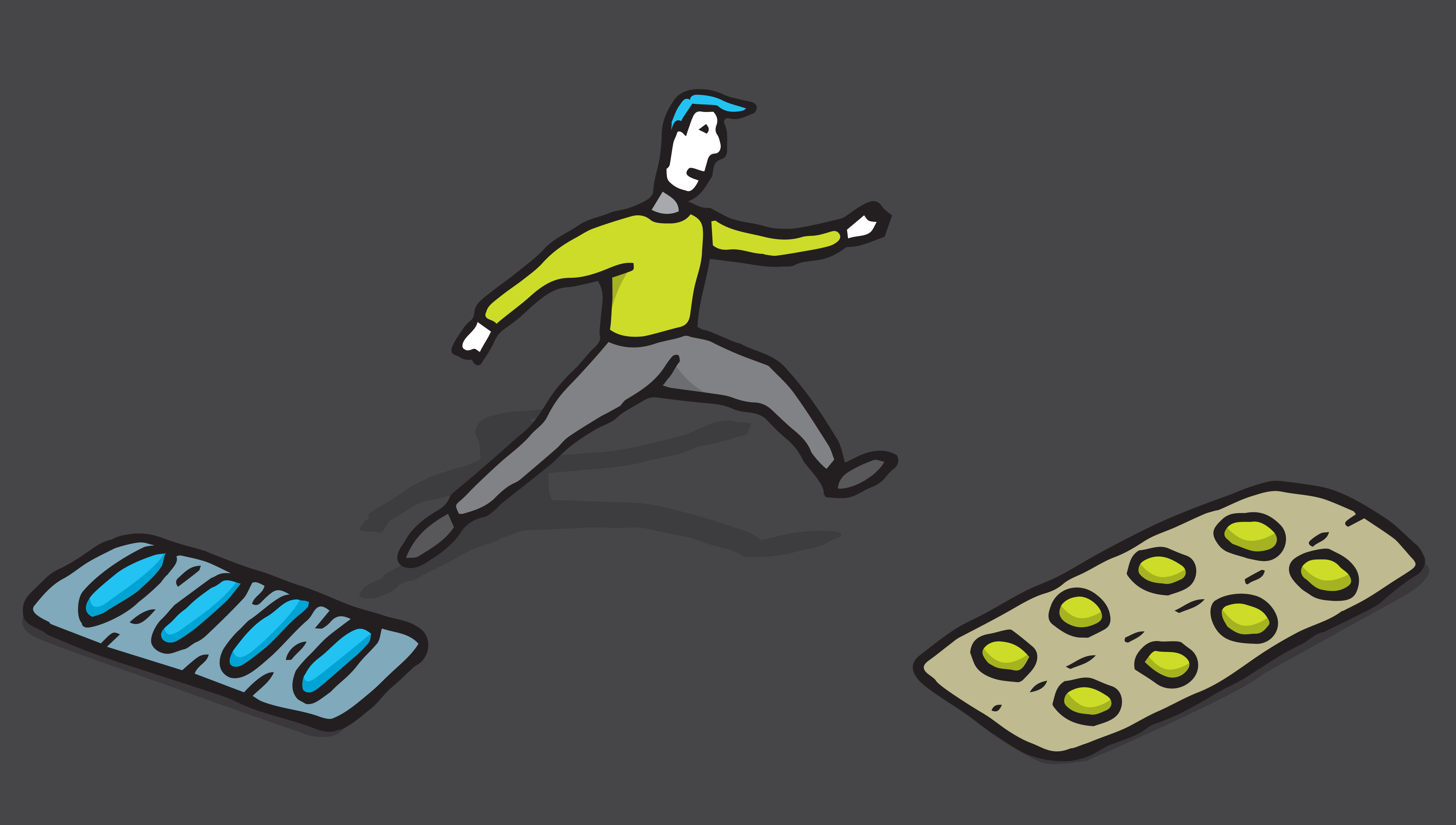 Illustration of a cartoon man jumping from one oversized blister pack of pills to another