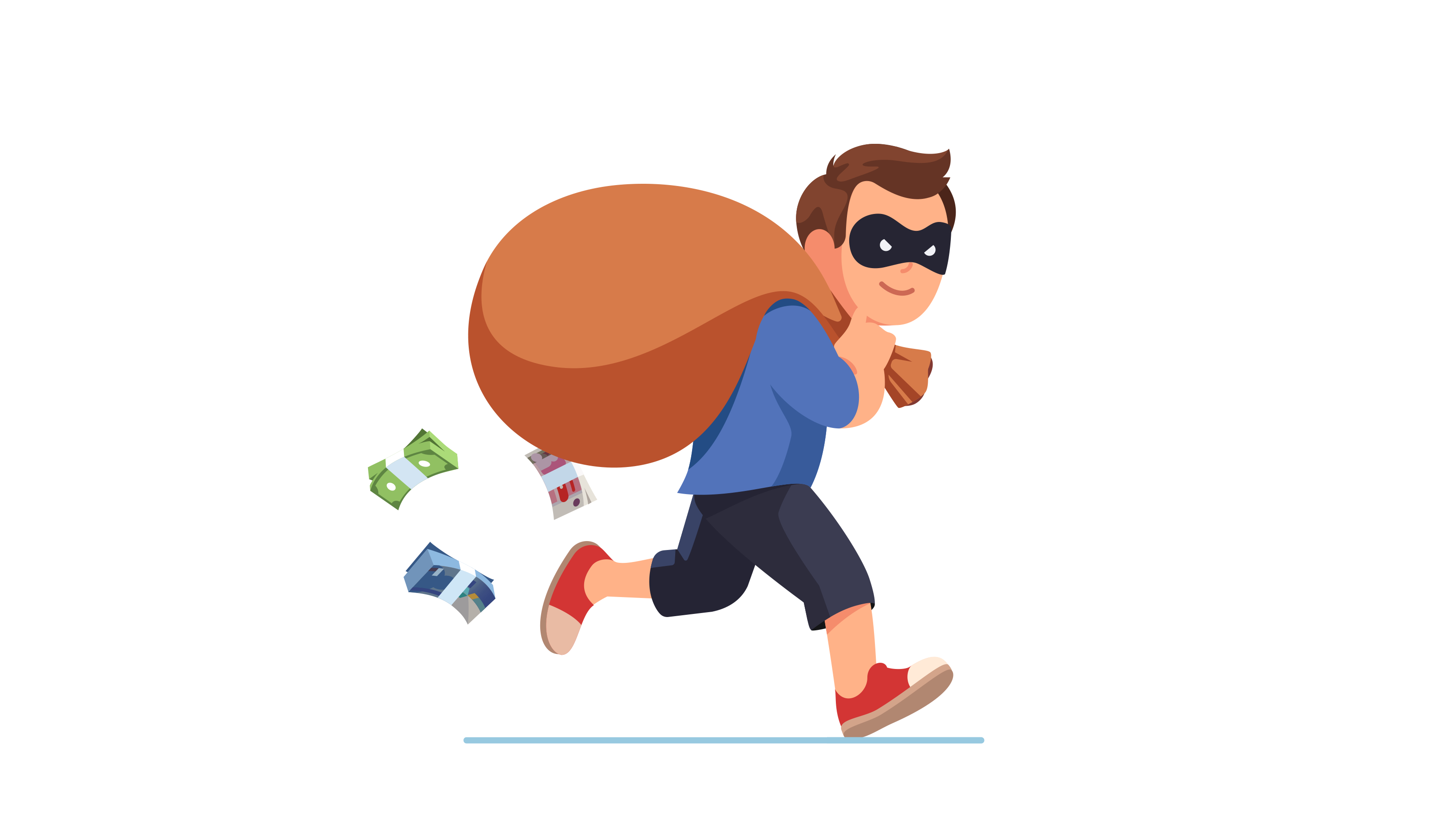 Illustration of a robber wearing a mask runs off with a bag of money