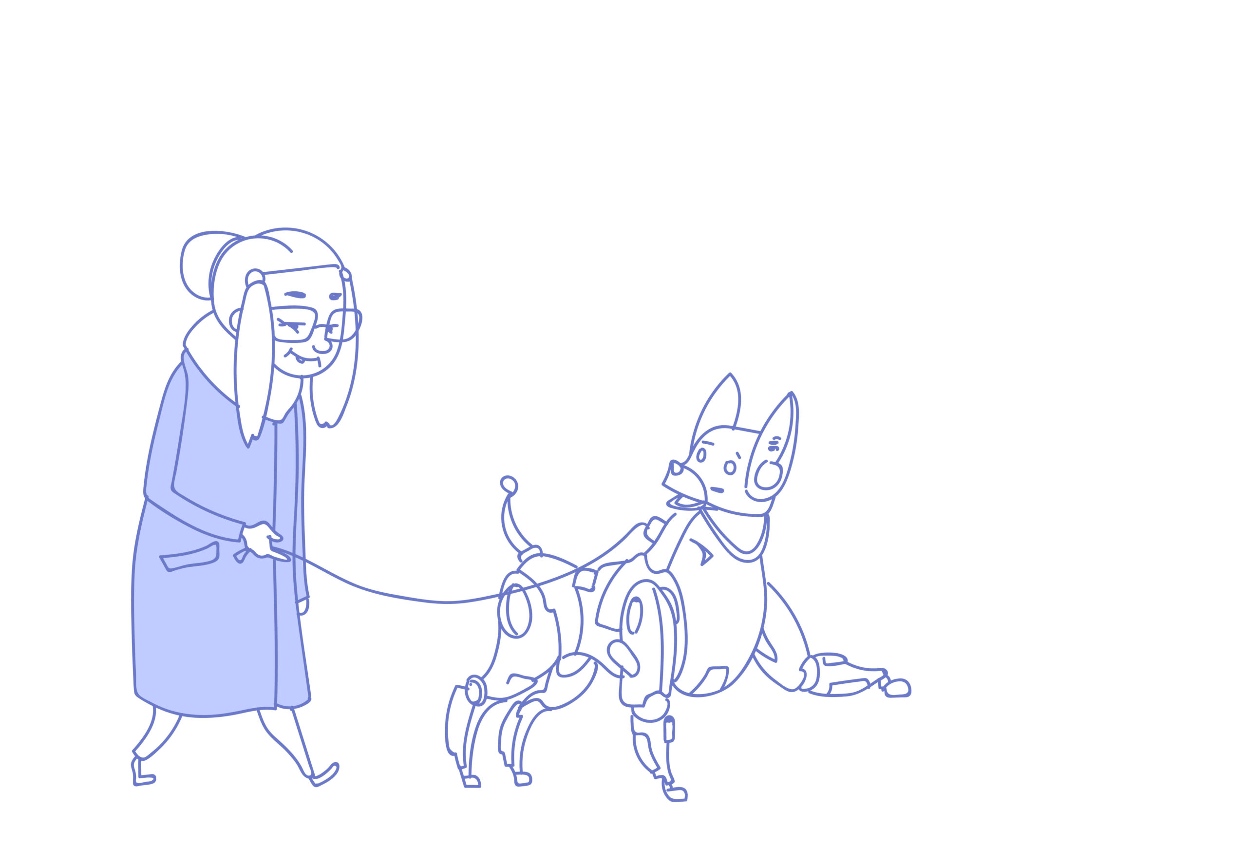 Illustration of a senior woman walking with modern robot dog