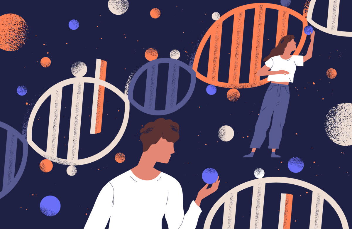 Illustration of a man and a woman standing in front of a DNA helix