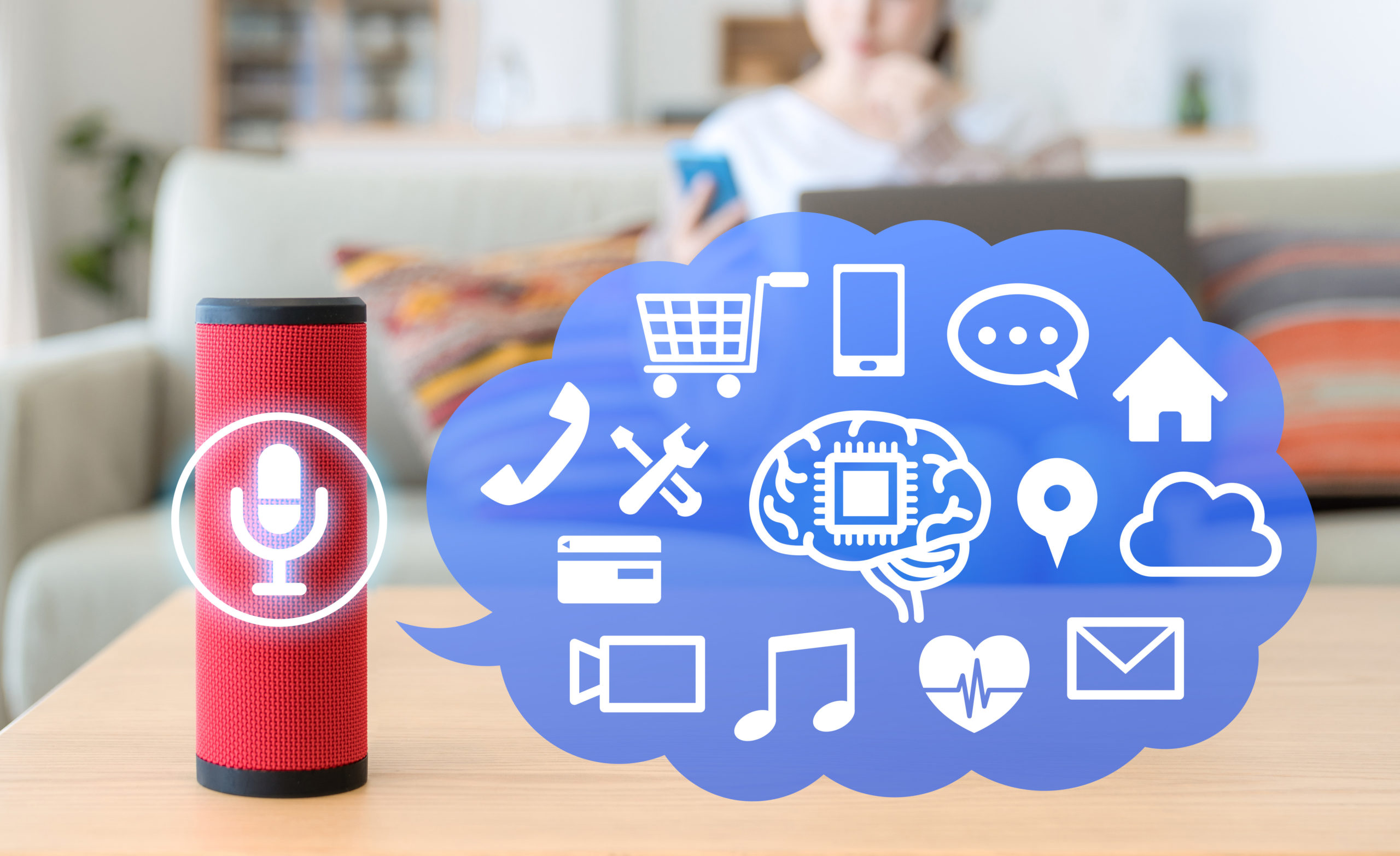 a home hub featuring icons of all the tasks it can assist with in a thinking cloud