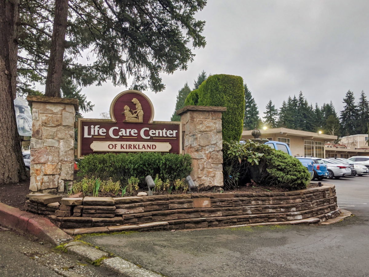 Kirkland, WA / USA - circa March 2020: Street view of the Life Care Center of Kirkland building, ground zero of the coronavirus outbreak in Kirkland.