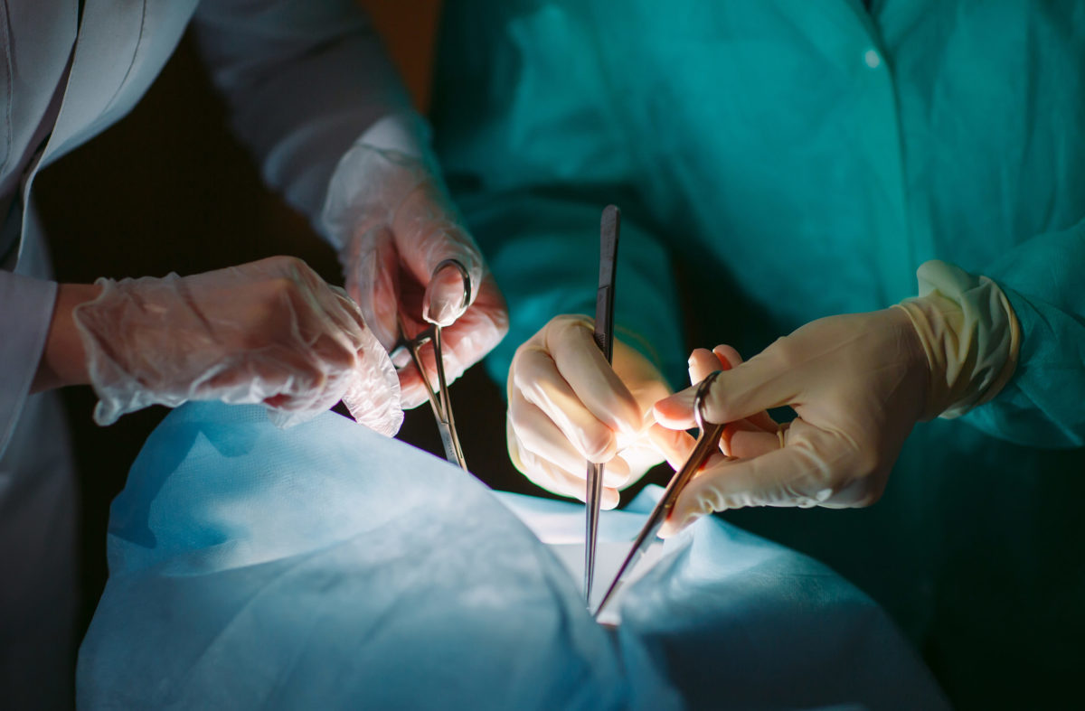 Hands close-up of surgeons holding medical instruments.