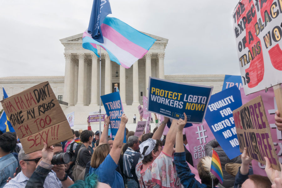 WASHINGTON, DC - OCT. 8, 2019: Rally for LGBTQ rights outside Supreme Court as Justices hear oral arguments in three cases dealing with discrimination in the workplace because of sexual orientation.