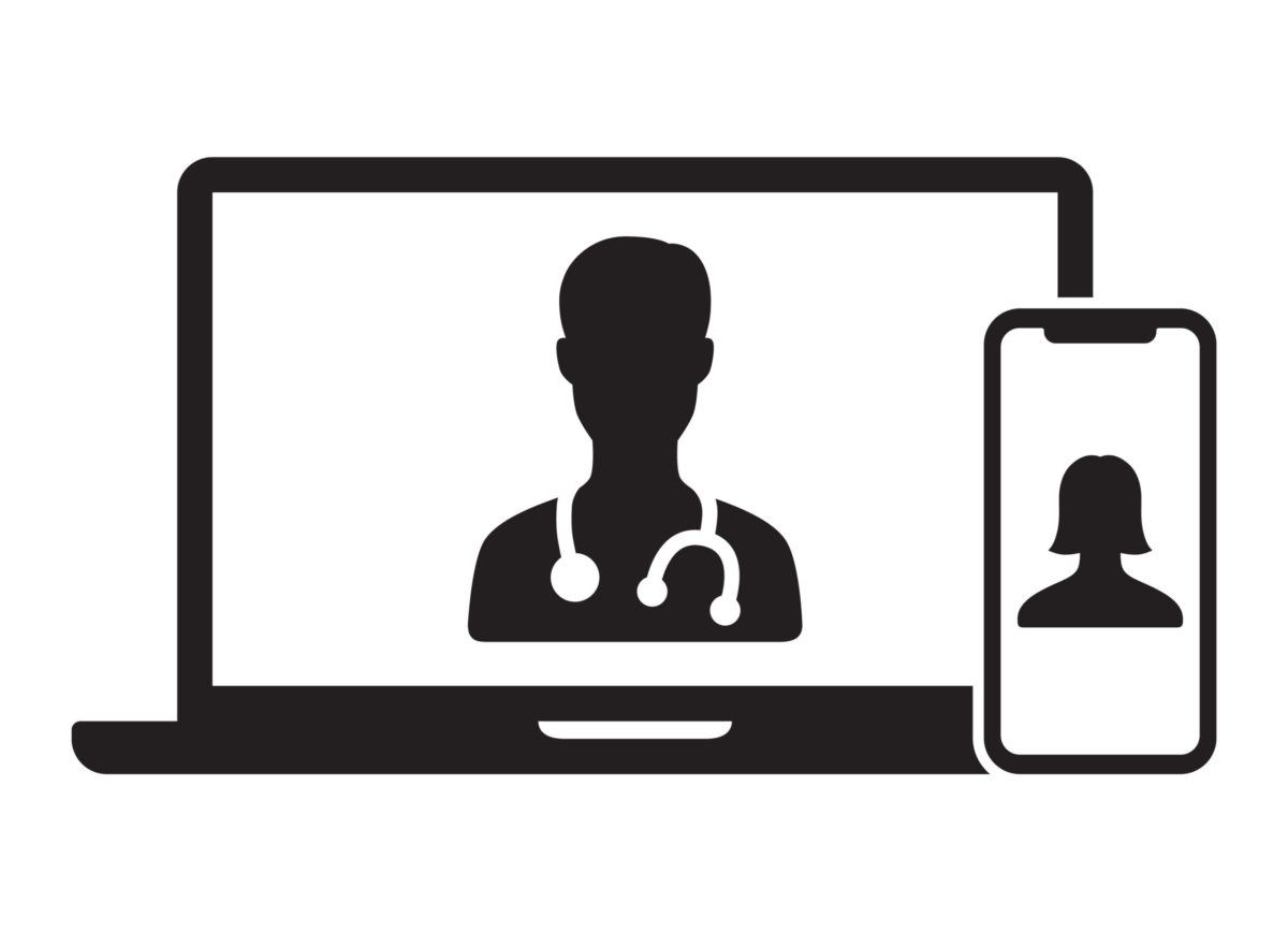 Telemedicine or telehealth virtual visit / video visit between doctor and patient on laptop computer and mobile phone device.