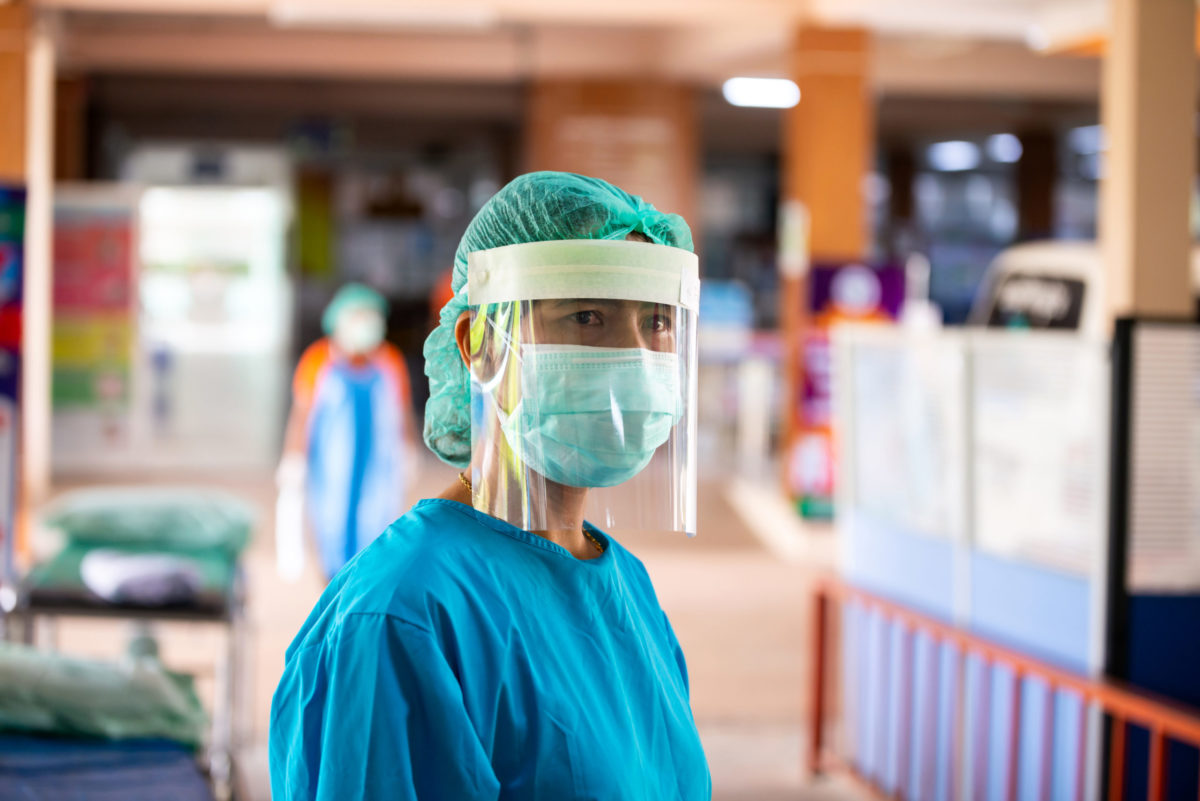 Sisaket,Thailand,09 April 2019;Medical staff wearing face shield and medical mask for protect coronavirus covid-19 virus in CT scan room,Sisaket province,Thailand,ASIA.