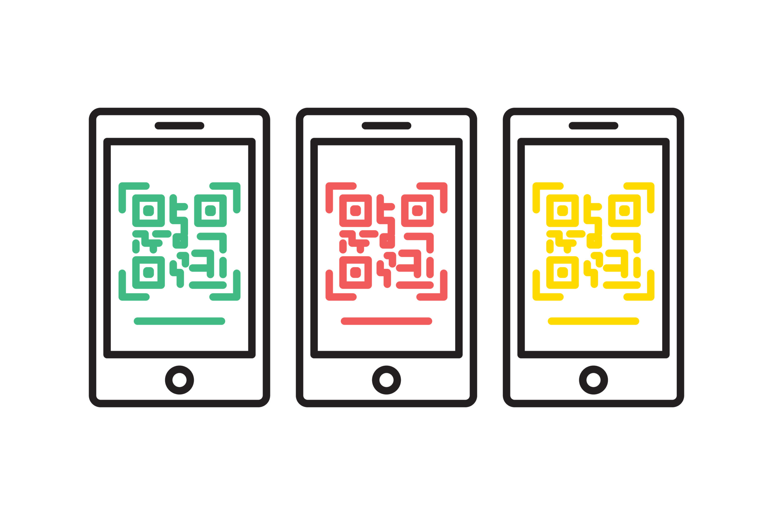 green, red, and yellow qr codes on phones.