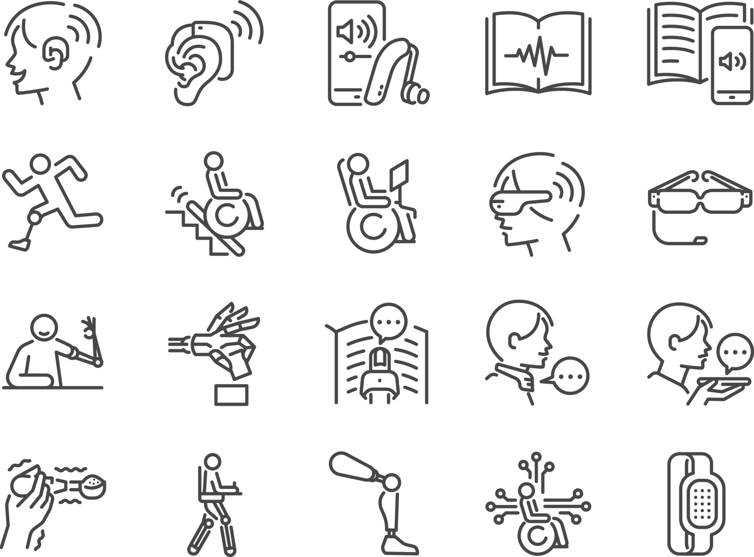 Disability with technology line icon set.