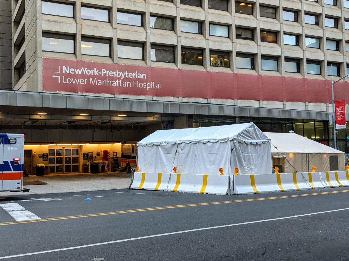 Temporary entrance in front of New York hospital during COVID-19 pandemic.