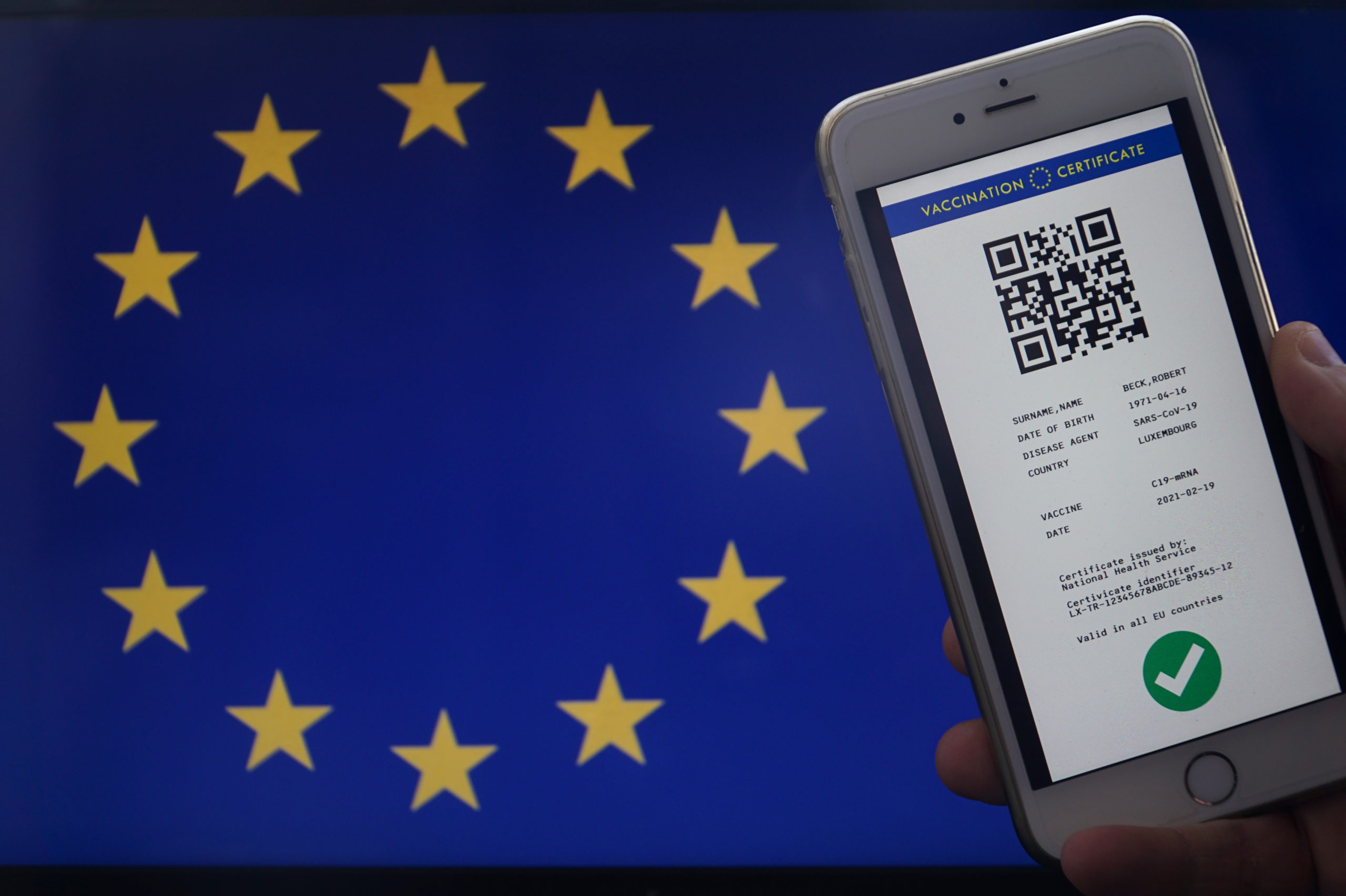 EU flag and digital health pass.