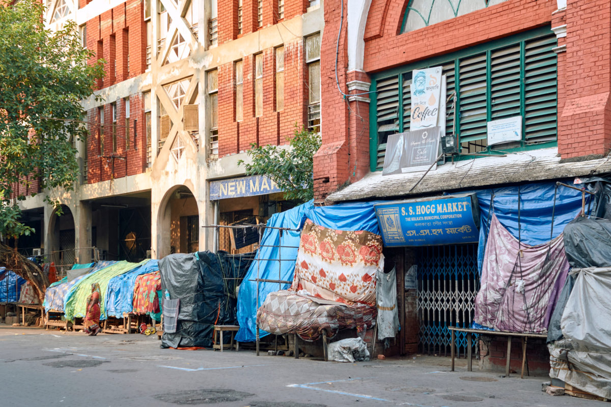 New Market, Esplanade, Kolkata, 05-23-2021: Due to lockdown, closed market and roadside hawker stalls at S. S. Hogg Market, which usually is heavily crowded as a popular shopping arena.