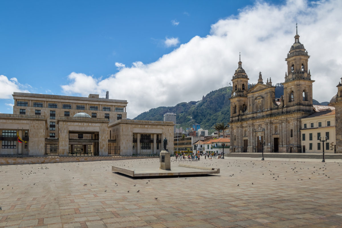 Bolivar Square with Cathedral and Colombian Palace of Justice - Bogota, Colombia.