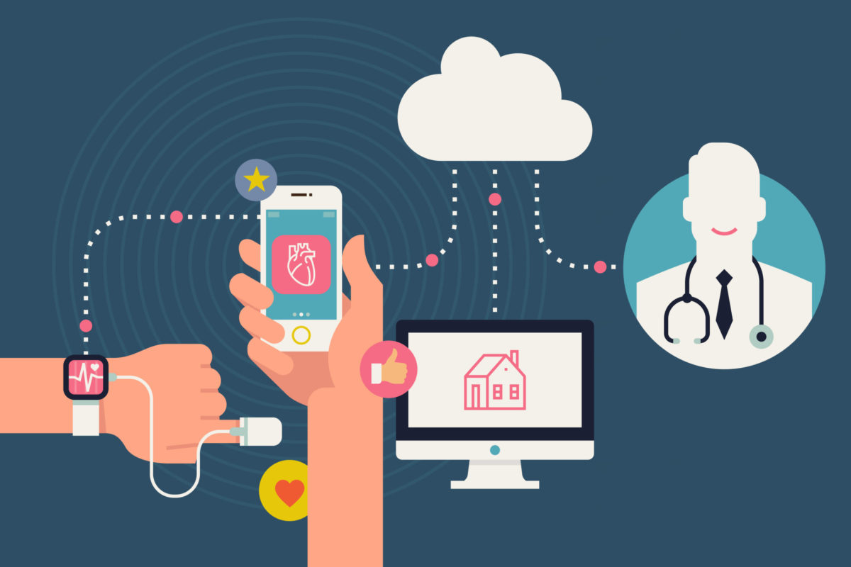 illustration of person tracking his health condition with smart bracelet, mobile application and cloud services.