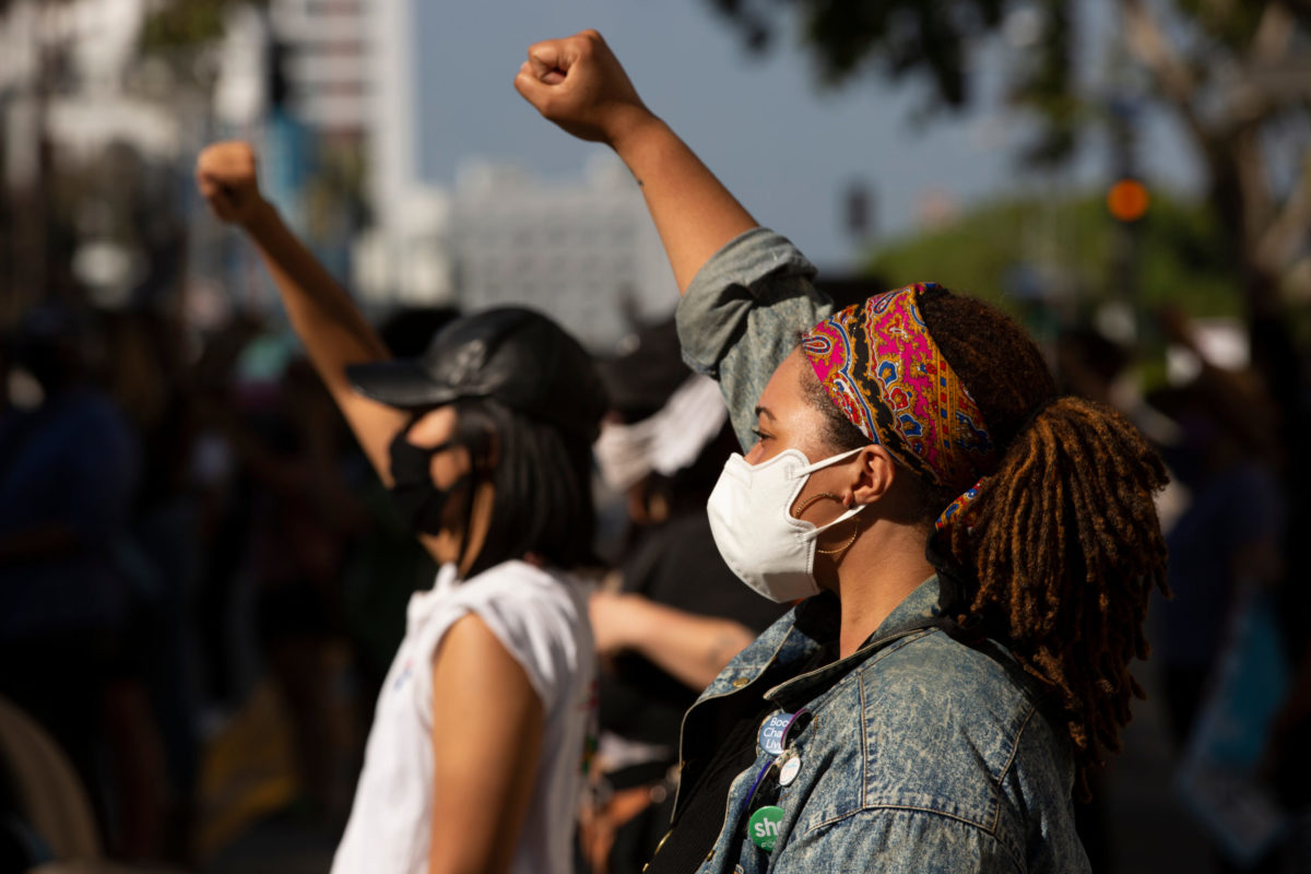 Los Angeles, California / USA - May 28, 2020: People in Downtown Los Angeles protest the brutal Police killing of George Floyd.