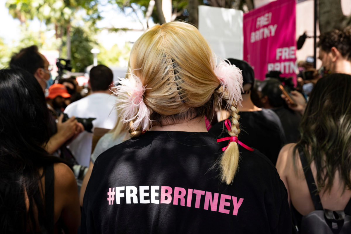 Los Angeles, California, United States. June 23, 2021: #FreeBritney rally at LA Downtown Grand Park during a conservatorship hearing for Britney Spears.