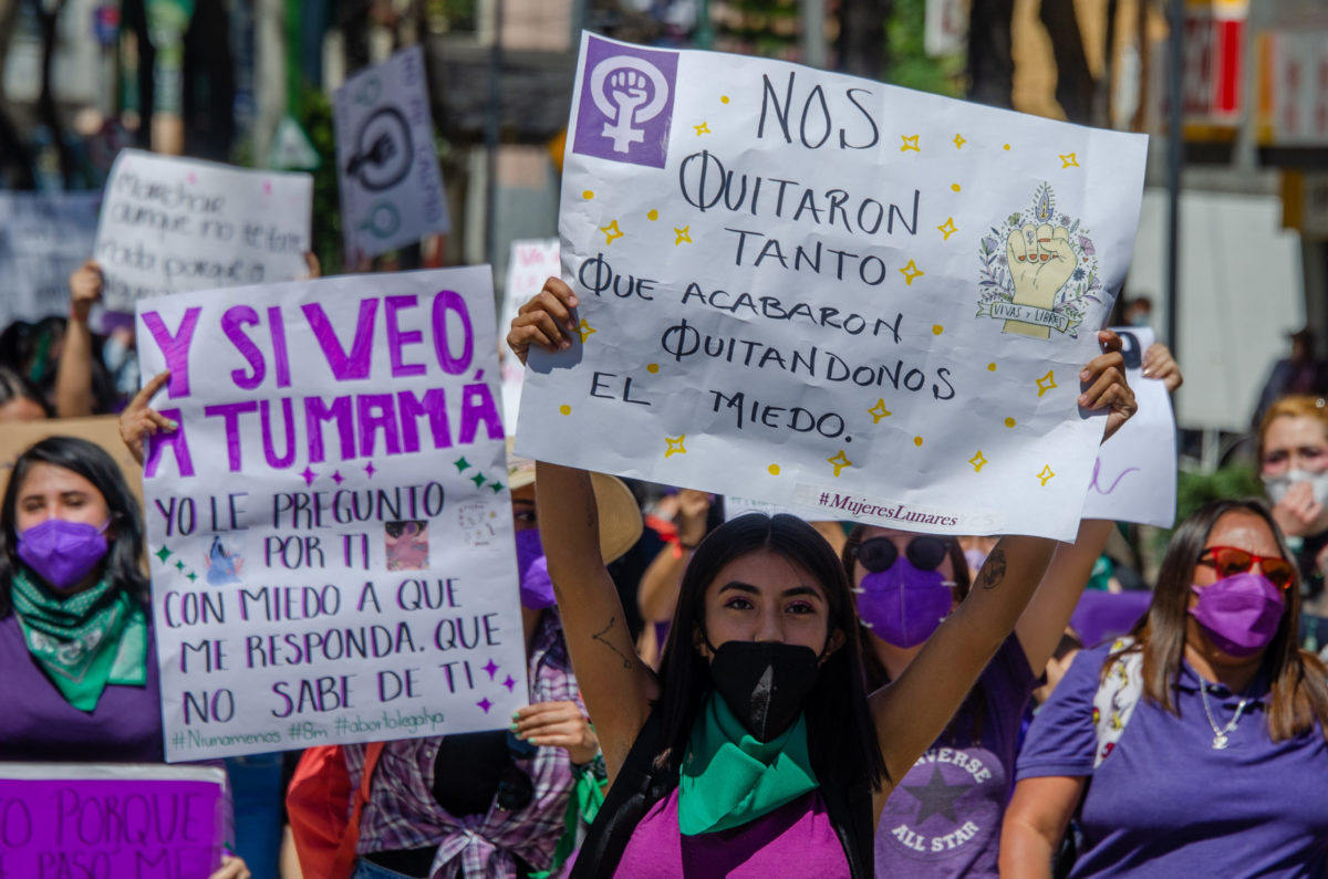 Mexico City 03082021 Feminist march against gender violence, March 8 in Mexico thousands of women protest in the streets for safety and better living conditions, using banners.