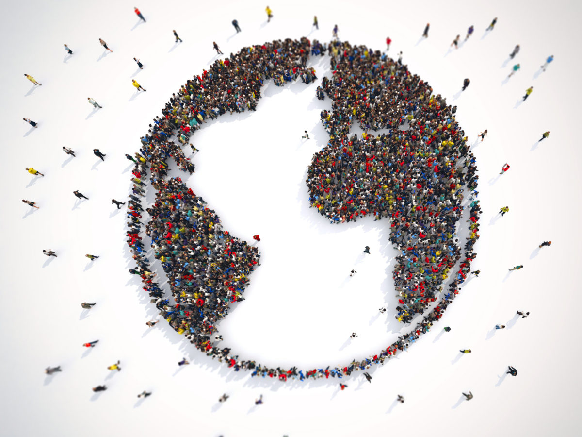 Many people together around the world. 3D Rendering.