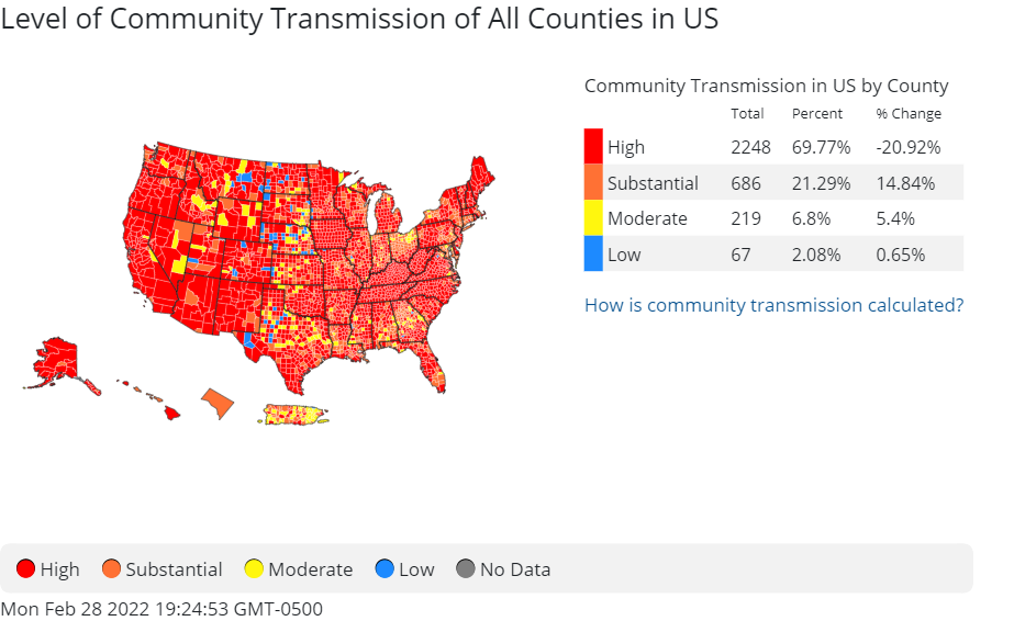 U.S. Level of Community transmission as of February 28, 2022.