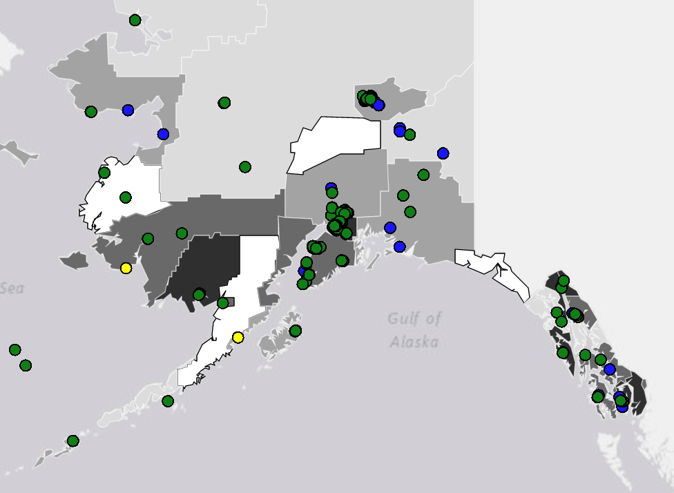 Figure from the AMA Health Workforce Mapper: Health Workforce in Alaska (Family/General Practice physicians are represented by blue dots, Internal Medicine physicians are represented by yellow dots, and NPs are represented by green dots).