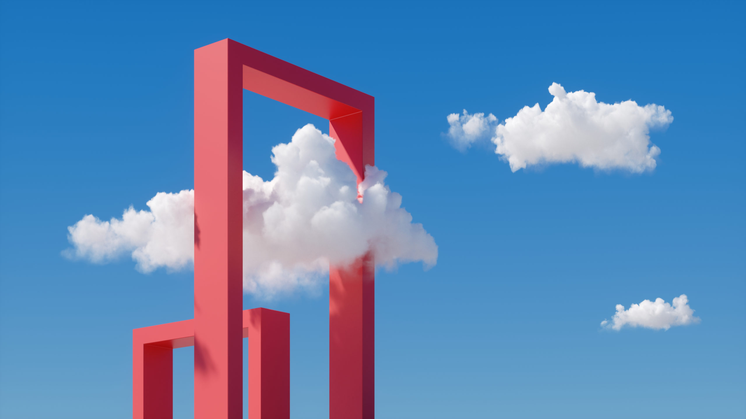 3d render, abstract fantasy cloudscape on a sunny day, white clouds fly under the red gates on the blue sky. Square portal construction.