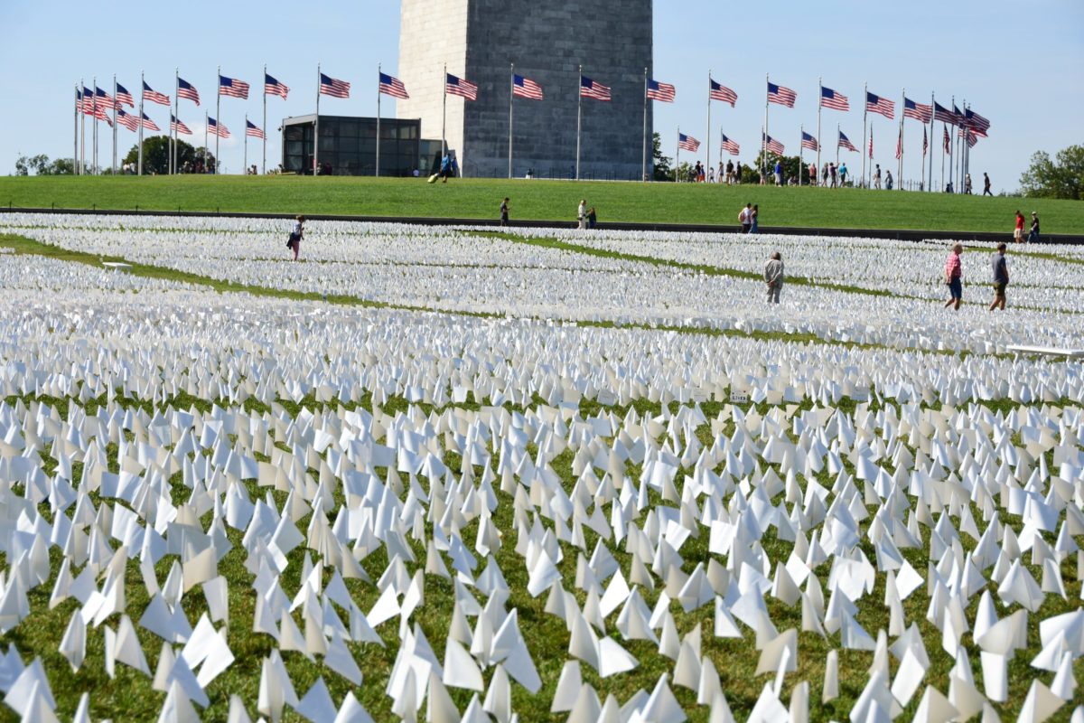 Washington DC 09 20 2021. More than 600,000 white flags honor lives lost to COVID, on the National Mall. The art installation " In America: Remember" was created by Suzanne Brennan Firstenberg.