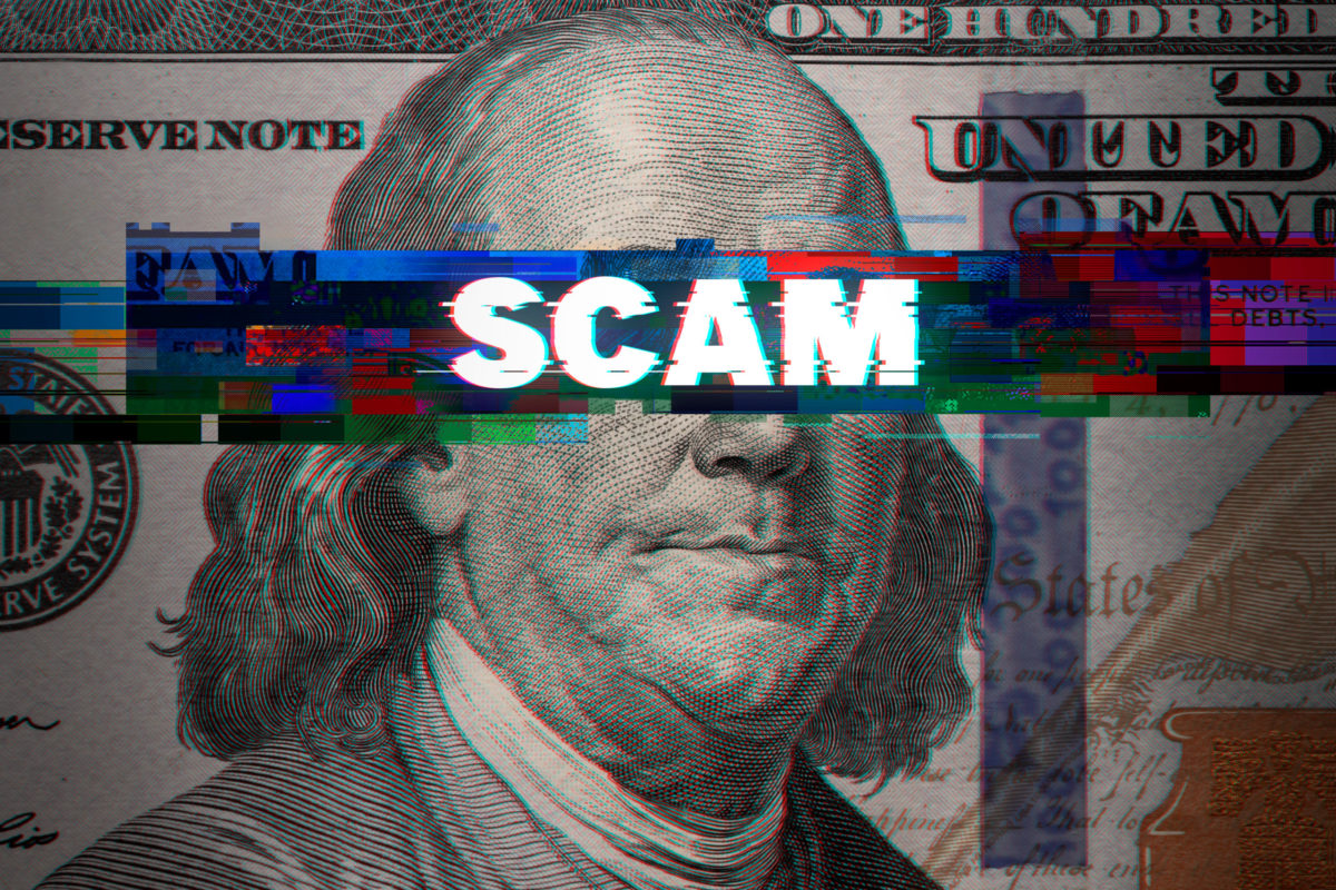 Abstract glitch with word SCAM on 100 Dollar bill. Concept art for Online scam.