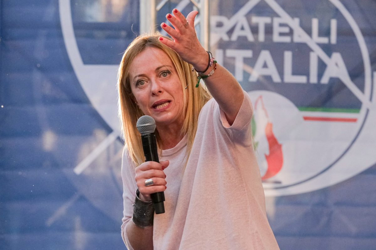 Secretary Giorgia Meloni talks during a Fratelli D'italia party electoral meeting tour towards the 25 September vote.