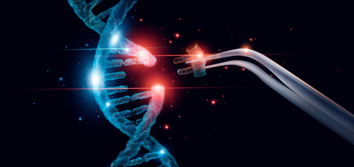 rendering of luminous DNA with gene being removed with forceps.