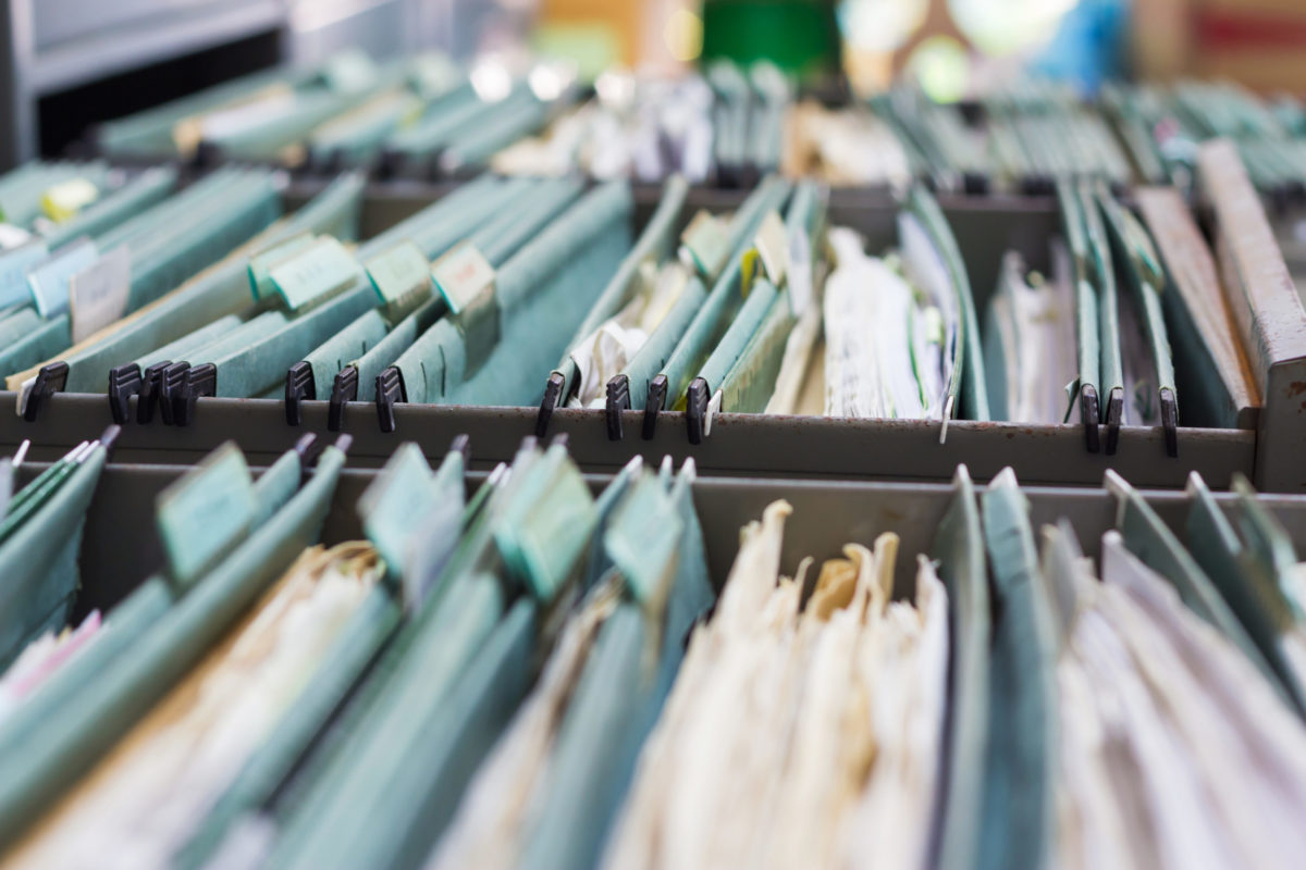 File folders in a filing cabinet.