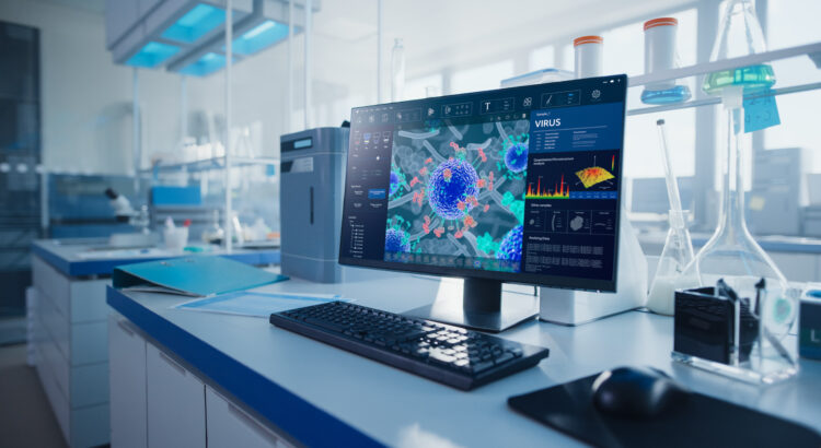 Modern Medical Research Laboratory with Computer Showing Virus Genome Research Software. Scientific Laboratory Biotechnology Development Center Full of High-Tech Equipment.