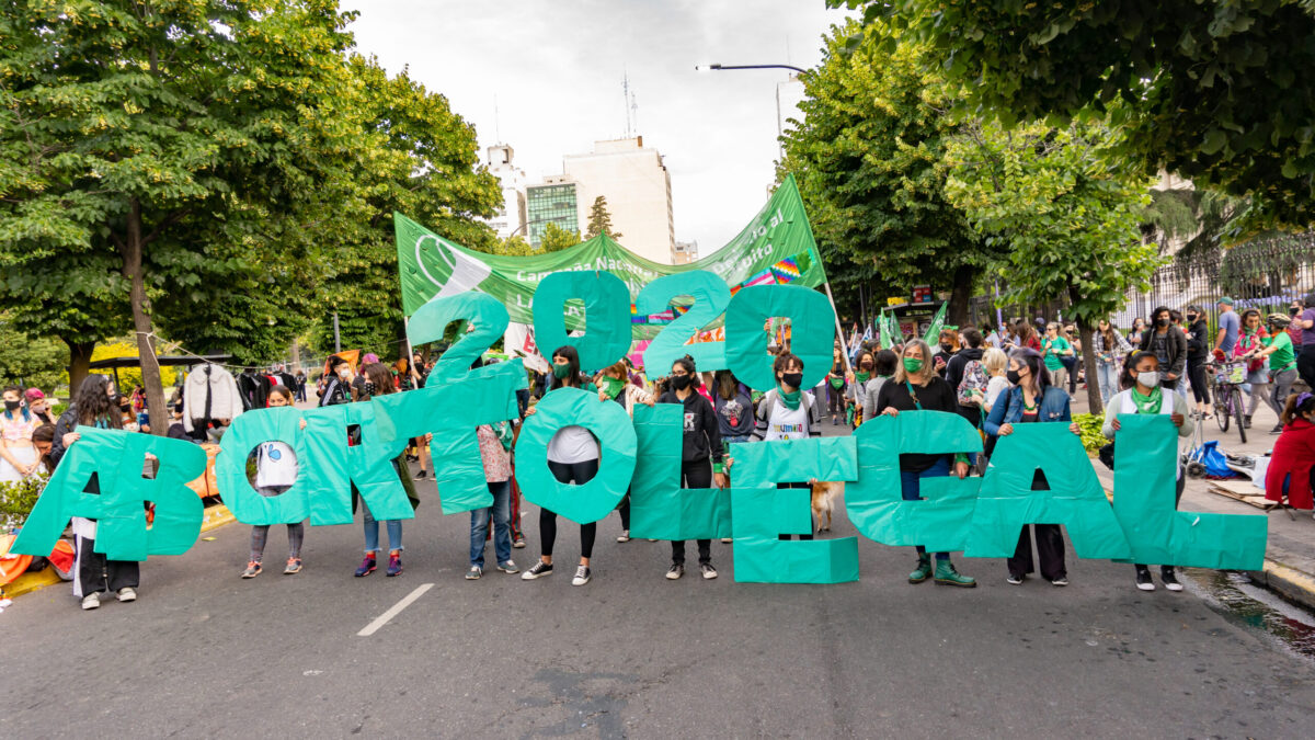 La Plata, Buenos Aires Province, Argentina; 12 04 2020: Claim of legalization of abortion in Argentina. Woman with green scarves protested in front of the church.