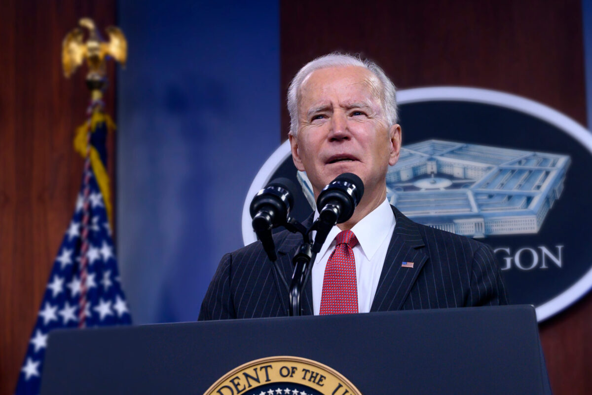 Washington DC, USA - FEBRUARY 10 2021: President Joe Biden delivers remarks to Department of Defense personnel, with Vice President Kamala Harris and Secretary of Defense Lloyd J. Austin III.