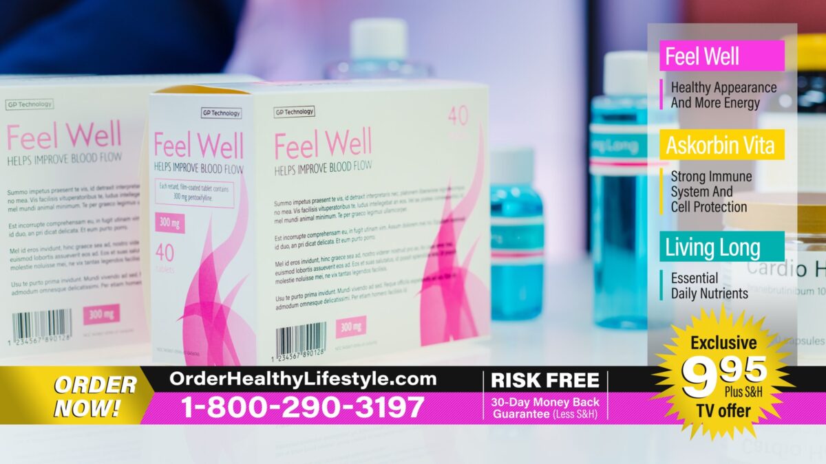 TV Show Product Infomercial: Professionals Present Package Boxes with Health Care Medical Supplements.