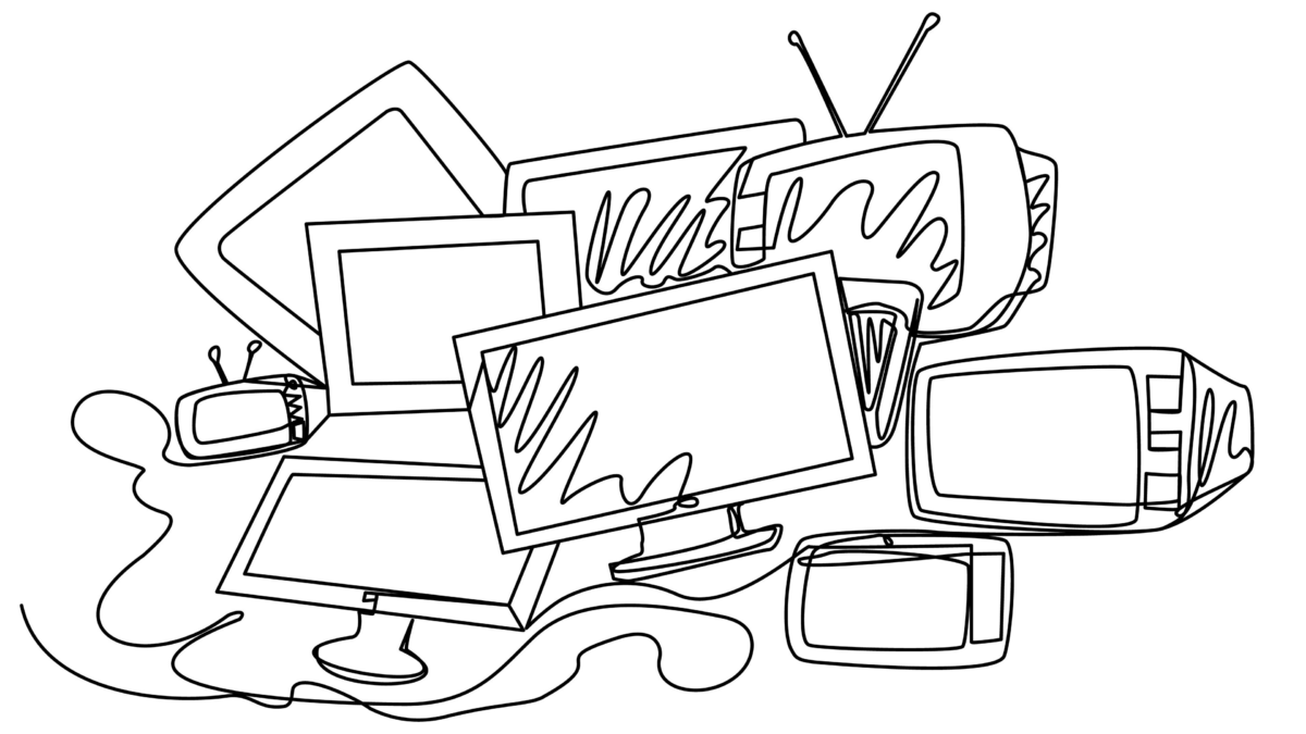 line drawing of computers, tablets, and televisions.