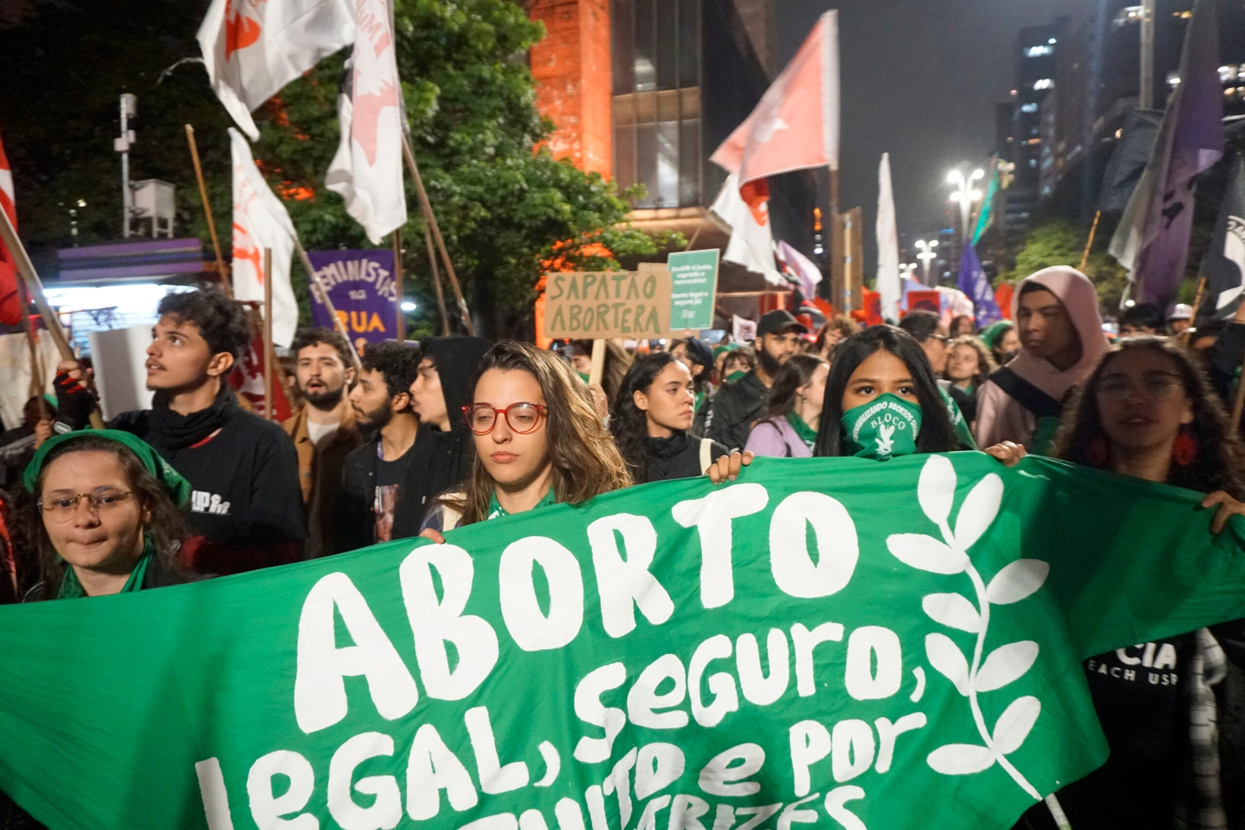 Women take part in a march in defense of legal abortion on International Safe Abortion Day at Paulista Avenue in Sao Paulo, Brazil, on September 28, 2023.