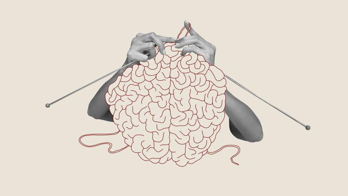 Contemporary art collage. Human hands knitting brain.