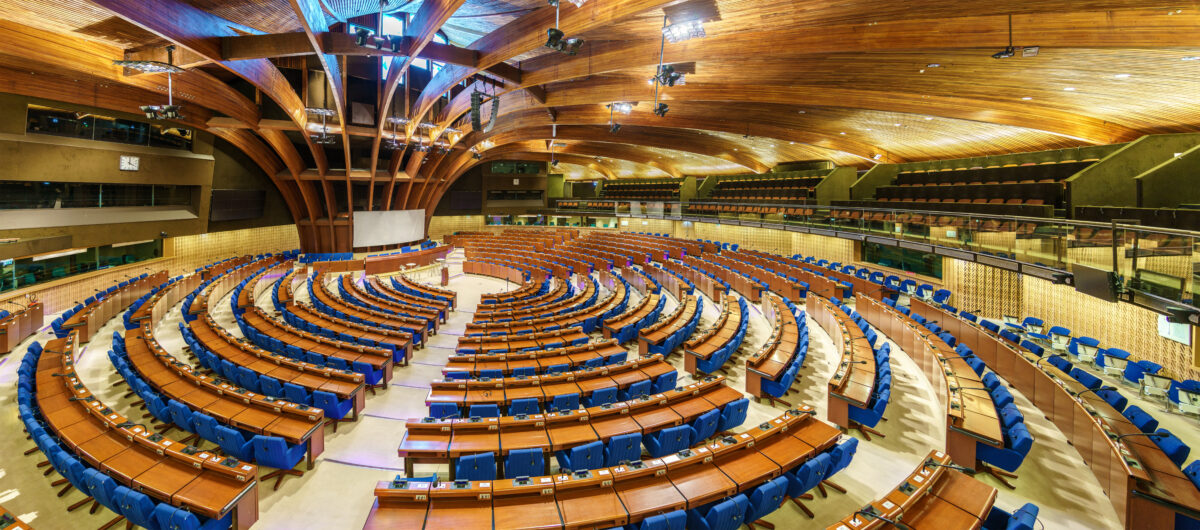 Strasbourg, France - April 13, 2018: the Hemicycle of the Parliamentary Assembly of the Council of Europe, PACE.